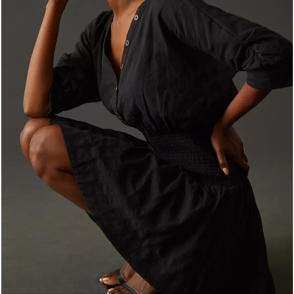 Maeve Anthropologie Black Puff Sleeve Smocked Open Back Cotton Mini Dress L - Picture 4 of 13